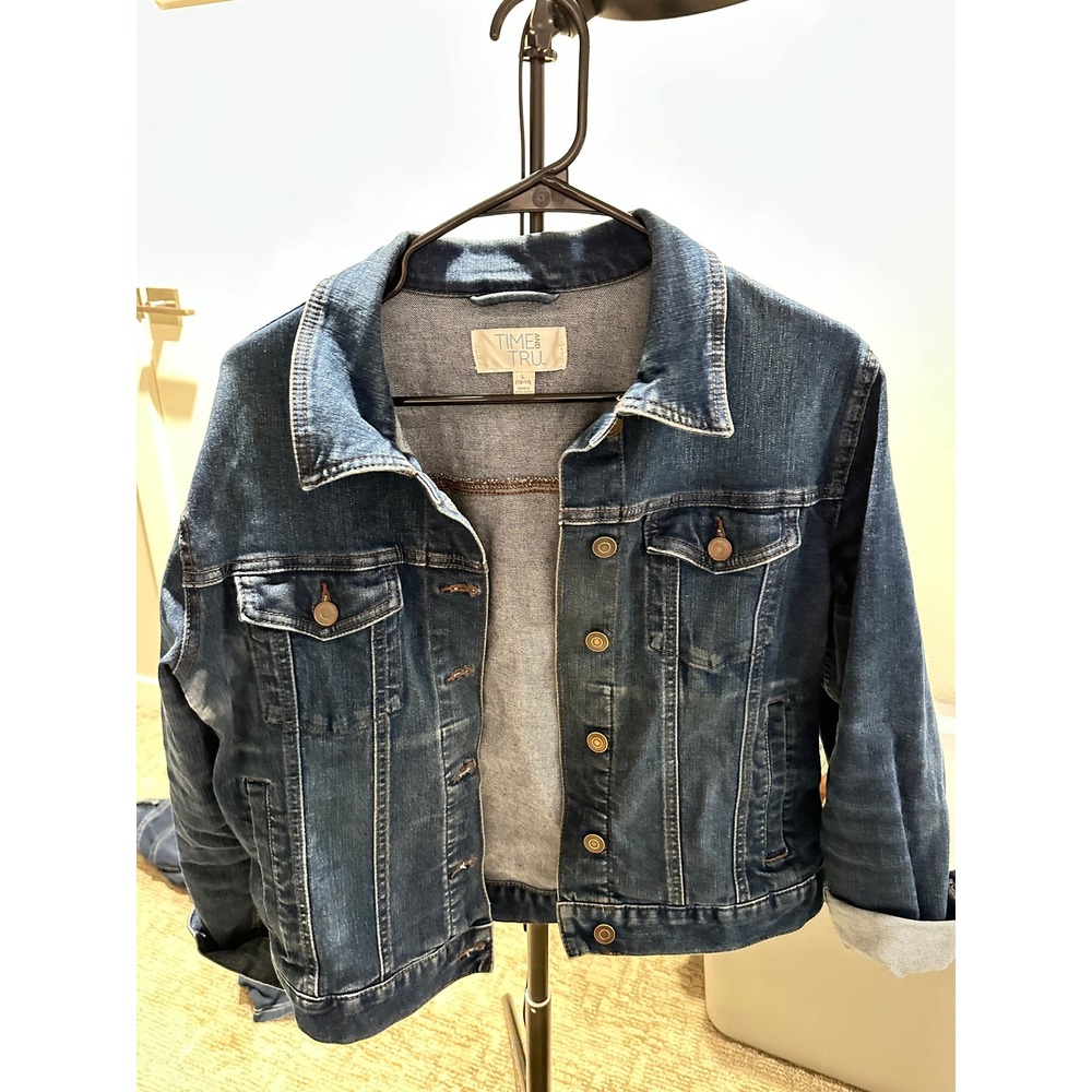 Time and Tru Womens Denim Jacket Medium Wash Blue Jean Jacket Size L 12-14